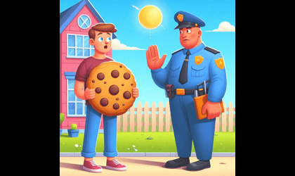 A boy holding a cookie being stopped by a security guard.